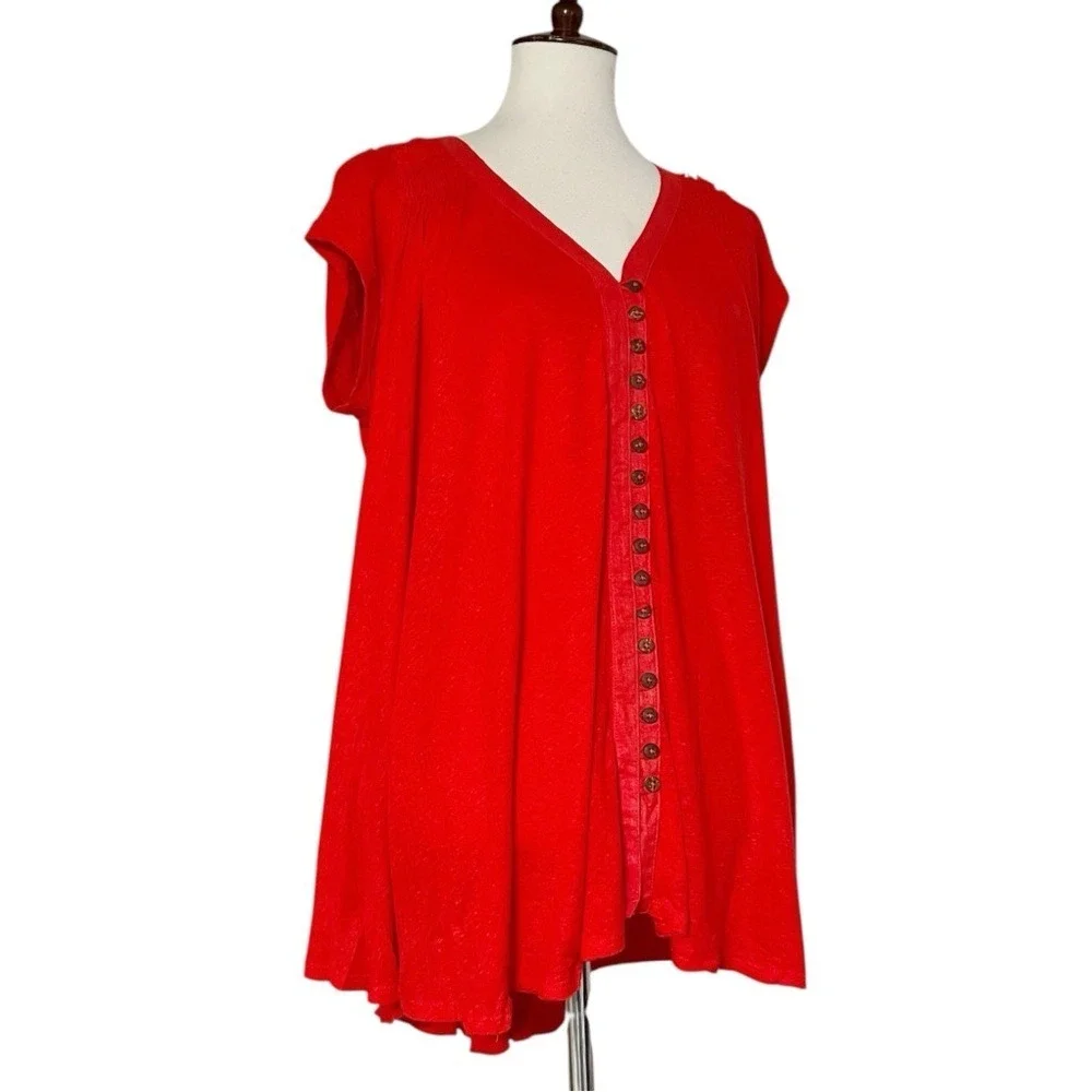 Free‎ People Highland V-Neck Linen Blend T-Shirt in Red Size XS
